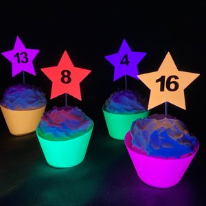 12 Neon Star Cupcake Toppers, Glow in the Dark Decor, Glow Party Supply, Cupcake Decor, Black Light Party, UV Reflective Stars, Age Topper