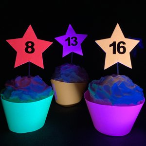 12 Neon Star Cupcake Toppers, Glow in the Dark Decor, Glow Party Supply, Cupcake Decor, Black Light Party, UV Reflective Stars, Age Topper