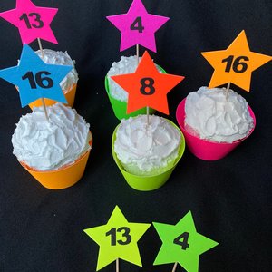 12 Neon Star Cupcake Toppers, Glow in the Dark Decor, Glow Party Supply, Cupcake Decor, Black Light Party, UV Reflective Stars, Age Topper