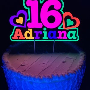 Neon Heart Personalized Glow Party Birthday Cake Topper, Glow in the Dark Decor, Sweet 16 Black Light Party, Name Age Cake Decoration
