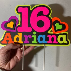 Neon Heart Personalized Glow Party Birthday Cake Topper, Glow in the Dark Decor, Sweet 16 Black Light Party, Name Age Cake Decoration