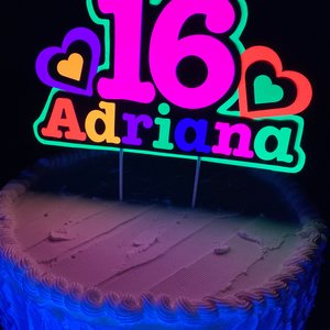 Neon Heart Personalized Glow Party Birthday Cake Topper, Glow in the Dark Decor, Sweet 16 Black Light Party, Name Age Cake Decoration
