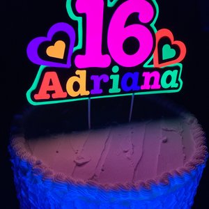 Neon Heart Personalized Glow Party Birthday Cake Topper, Glow in the Dark Decor, Sweet 16 Black Light Party, Name Age Cake Decoration