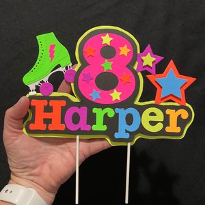 Roller Skate Birthday Party Cake Topper, Neon Cake Decoration, Skate Glow Party Birthday Decor, Personalized Name Age Topper, Child Birthday