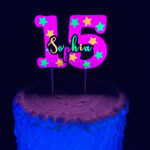Neon Pink Age Glowing Cake Topper with Script Font Name
