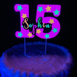 Neon Pink Age Glowing Cake Topper with Script Font Name
