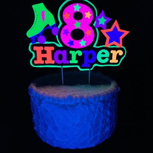 Roller Skate Birthday Party Cake Topper, Neon Cake Decoration, Skate Glow Party Birthday Decor, Personalized Name Age Topper, Child Birthday