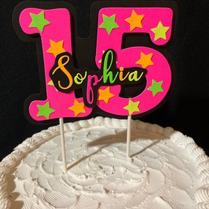 Neon Pink Age Glowing Cake Topper with Script Font Name