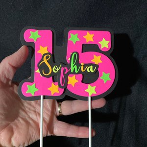 Neon Pink Age Glowing Cake Topper with Script Font Name