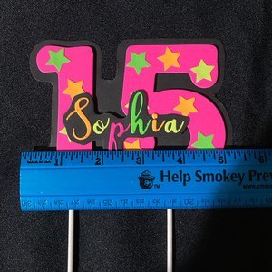 Neon Pink Age Glowing Cake Topper with Script Font Name