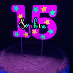 Neon Pink Age Glowing Cake Topper with Script Font Name