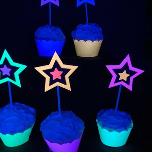 Glow in the Dark Neon Star 12 Cupcake Toppers, Glow Party Supply, Cupcake Decor, Black Light Decoration, Fluorescent UV Reflective Stars