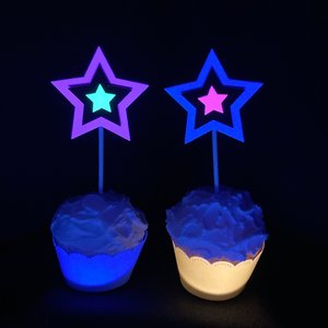 Glow in the Dark Neon Star 12 Cupcake Toppers, Glow Party Supply, Cupcake Decor, Black Light Decoration, Fluorescent UV Reflective Stars