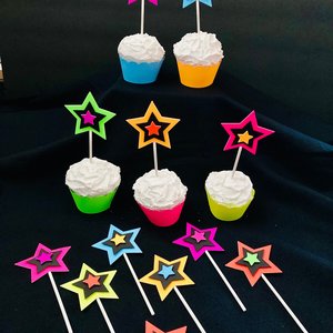 Glow in the Dark Neon Star 12 Cupcake Toppers, Glow Party Supply, Cupcake Decor, Black Light Decoration, Fluorescent UV Reflective Stars