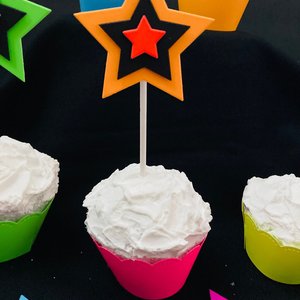 Glow in the Dark Neon Star 12 Cupcake Toppers, Glow Party Supply, Cupcake Decor, Black Light Decoration, Fluorescent UV Reflective Stars