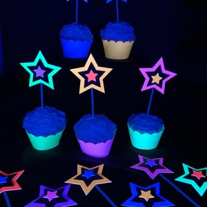 Glow in the Dark Neon Star 12 Cupcake Toppers, Glow Party Supply, Cupcake Decor, Black Light Decoration, Fluorescent UV Reflective Stars