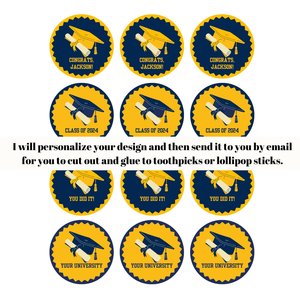 University of California Printable Navy and Gold Graduation Cupcake Toppers, DIY Grad Toppers, Personalized Grad Celebration, Blue and Gold