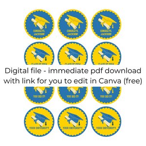 Digital Download Editable Graduation Cupcake Toppers, UCLA Cupcake toppers, UCLA blue and gold colors, DIY Personalized Grad Party Decor