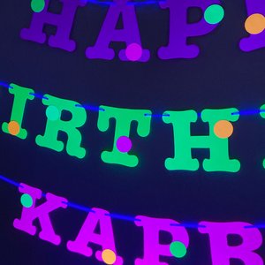 Glow Party Birthday Banner, Neon fluorescent birthday banner with garlands, UV Reflective Birthday Banner, Blacklight Party Sign, 80s Party