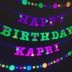 Glow Party Birthday Banner, Neon fluorescent birthday banner with garlands, UV Reflective Birthday Banner, Blacklight Party Sign, 80s Party
