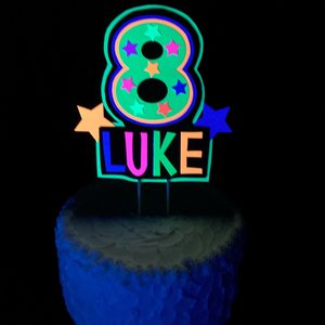 Personalized Neon Glow Party Cake Topper, Handmade Birthday Cake Decor, Custom Name and Age Topper, Glow Party Decorations, Retro 80s Party