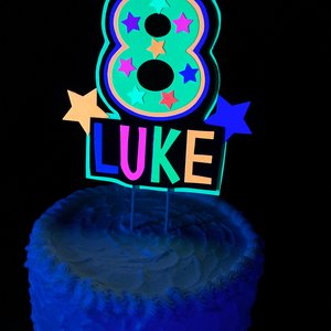 Personalized Neon Glow Party Cake Topper, Handmade Birthday Cake Decor, Custom Name and Age Topper, Glow Party Decorations, Retro 80s Party