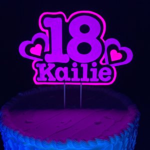 Neon Pink and Purple Glow Party Cake Topper, Black Light Party Decor, Personalized Name and Age Birthday Cake Decoration, 18th Birthday