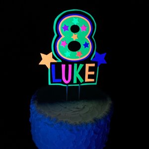 Personalized Neon Glow Party Cake Topper, Handmade Birthday Cake Decor, Custom Name and Age Topper, Glow Party Decorations, Retro 80s Party