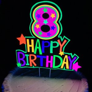 Happy Birthday Age Neon Cake Topper, Glow Party Neon Birthday Cake Decor, Birthday Decoration, Glow in the Dark Supplies, Neon Skate Party