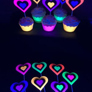 Neon Heart Cupcake Toppers, Glow in the Dark Hearts, Glow Party Supply, Cupcake Decor, Black Light Decoration, Fluorescent UV Reflective
