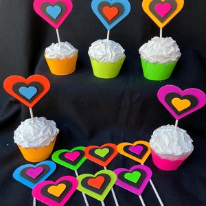 Neon Heart Cupcake Toppers, Glow in the Dark Hearts, Glow Party Supply, Cupcake Decor, Black Light Decoration, Fluorescent UV Reflective