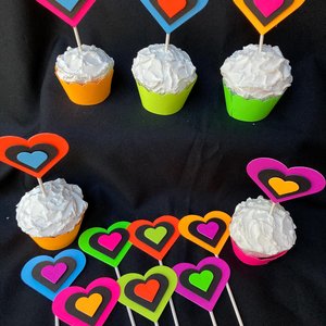 Neon Heart Cupcake Toppers, Glow in the Dark Hearts, Glow Party Supply, Cupcake Decor, Black Light Decoration, Fluorescent UV Reflective