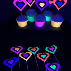 Neon Heart Cupcake Toppers, Glow in the Dark Hearts, Glow Party Supply, Cupcake Decor, Black Light Decoration, Fluorescent UV Reflective