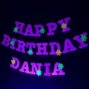 Flower Power Glow Party Birthday Banner, Neon Happy Birthday Sign, UV Reflective Decor, Glow Party Supply, Retro 80s Personalized Sign