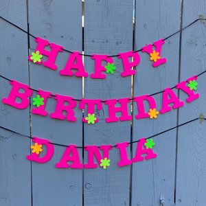 Flower Power Glow Party Birthday Banner, Neon Happy Birthday Sign, UV Reflective Decor, Glow Party Supply, Retro 80s Personalized Sign