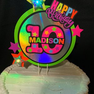 LED Lights Glow Party Neon Birthday Cake Topper, Personalized Age and Name Topper, UV Fluorescent Cake Decoration, Star Cake Centerpiece