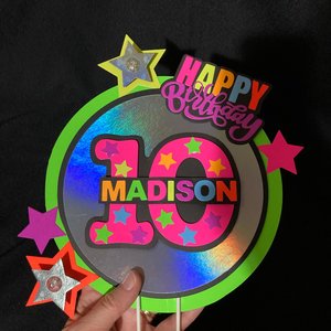 LED Lights Glow Party Neon Birthday Cake Topper, Personalized Age and Name Topper, UV Fluorescent Cake Decoration, Star Cake Centerpiece