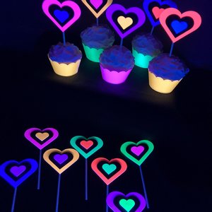 Neon Heart Cupcake Toppers, Glow in the Dark Hearts, Glow Party Supply, Cupcake Decor, Black Light Decoration, Fluorescent UV Reflective