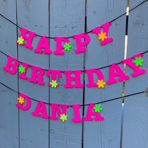 Flower Power Glow Party Birthday Banner, Neon Happy Birthday Sign, UV Reflective Decor, Glow Party Supply, Retro 80s Personalized Sign