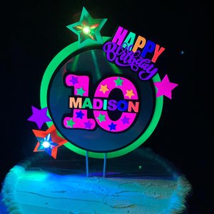 LED Lights Glow Party Neon Birthday Cake Topper, Personalized Age and Name Topper, UV Fluorescent Cake Decoration, Star Cake Centerpiece