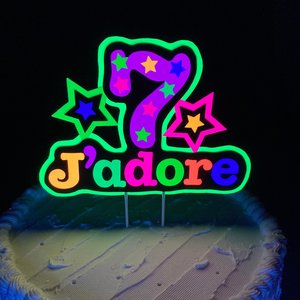 Neon UV Reflective Cake Topper, Personalized Glow Birthday Cake Centerpiece, Name and Age Cake Decor, Glow Party Decorations, 7th Birthday
