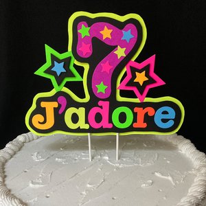 Neon UV Reflective Cake Topper, Personalized Glow Birthday Cake Centerpiece, Name and Age Cake Decor, Glow Party Decorations, 7th Birthday