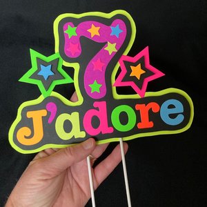 Neon UV Reflective Cake Topper, Personalized Glow Birthday Cake Centerpiece, Name and Age Cake Decor, Glow Party Decorations, 7th Birthday