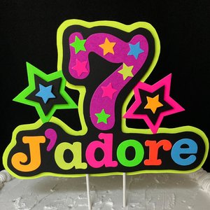 Neon UV Reflective Cake Topper, Personalized Glow Birthday Cake Centerpiece, Name and Age Cake Decor, Glow Party Decorations, 7th Birthday