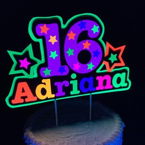 Neon UV Reflective Cake Topper, Personalized Glow Birthday Cake Centerpiece, Name and Age Cake Decor, Glow Party Decorations, 7th Birthday