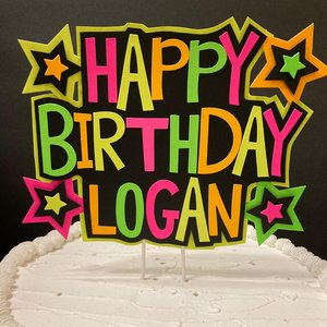 Personalized Neon Happy Birthday Cake Topper, Retro 80s Glow Party Sign, UV Reflective Cake Decoration, Fluorescent Custom Name Centerpiece