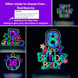 Personalized Neon Happy Birthday Cake Topper, Retro 80s Glow Party Sign, UV Reflective Cake Decoration, Fluorescent Custom Name Centerpiece