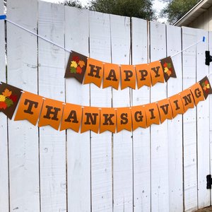 Happy Thanksgiving Banner, Large Thanksgiving Day Sign, Orange and Brown Fall Leaf Wall Decor, Family Gathering Decoration, Autumn Holiday
