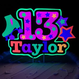 13th Birthday Party Neon Cake Topper, Personalized Roller Skate Glow Party Cake Decoration with Name and Age, , Fluorescent Star Centerpiece