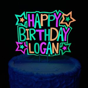 Personalized Neon Happy Birthday Cake Topper, Retro 80s Glow Party Sign, UV Reflective Cake Decoration, Fluorescent Custom Name Centerpiece